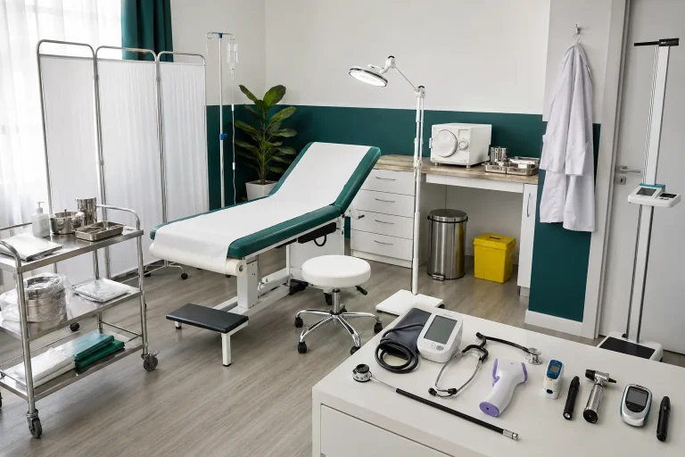 How to start a clinic in Kenya - consultation room with examination couch, diagnostic set and emergency kit from Ultrascope, Nairobi